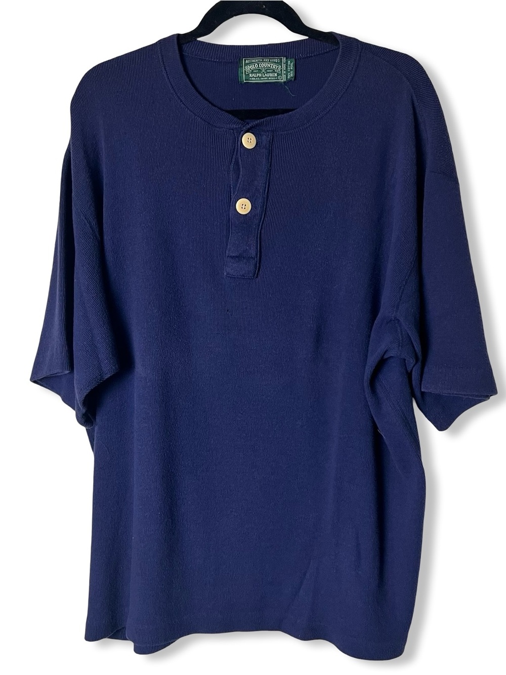 Vintage Polo Country Ralph Lauren Mens Henley SS Blue Cotton Wool Knit 90s Sz. L